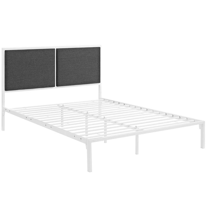 Maklaine Contemporary King Fabric Panel Metal Bed in White and Gray