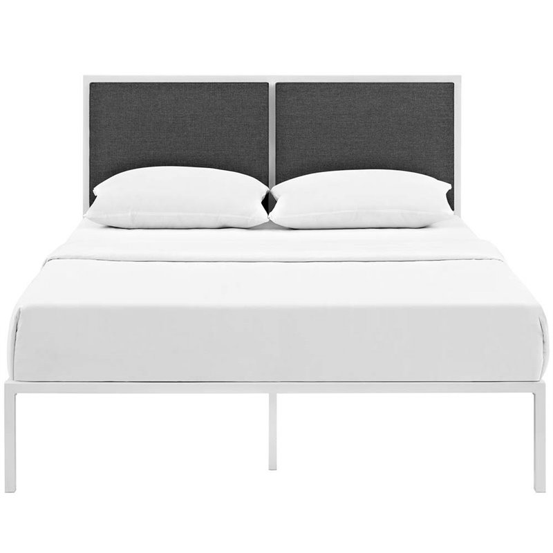 Maklaine Contemporary King Fabric Panel Metal Bed in White and Gray