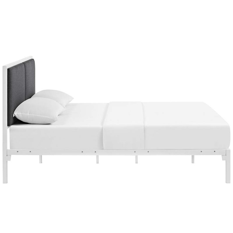 Maklaine Contemporary King Fabric Panel Metal Bed in White and Gray