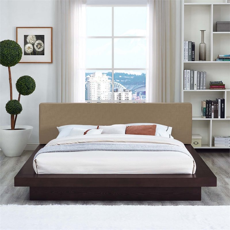 Maklaine Queen Wood Polyester Fabric Platform Bed in Cappuccino/Latte