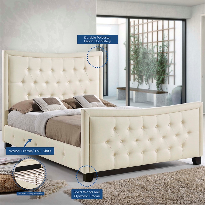 Maklaine Contemporary Solid wood and Plywood Frame Queen Bed in Ivory