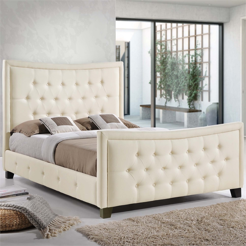 Maklaine Contemporary Solid wood and Plywood Frame Queen Bed in Ivory
