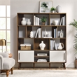 Maklaine Contemporary Bookcase with Sliding Doors in Walnut Linen