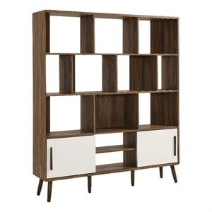 Maklaine Contemporary Bookcase with Sliding Doors in Walnut Linen