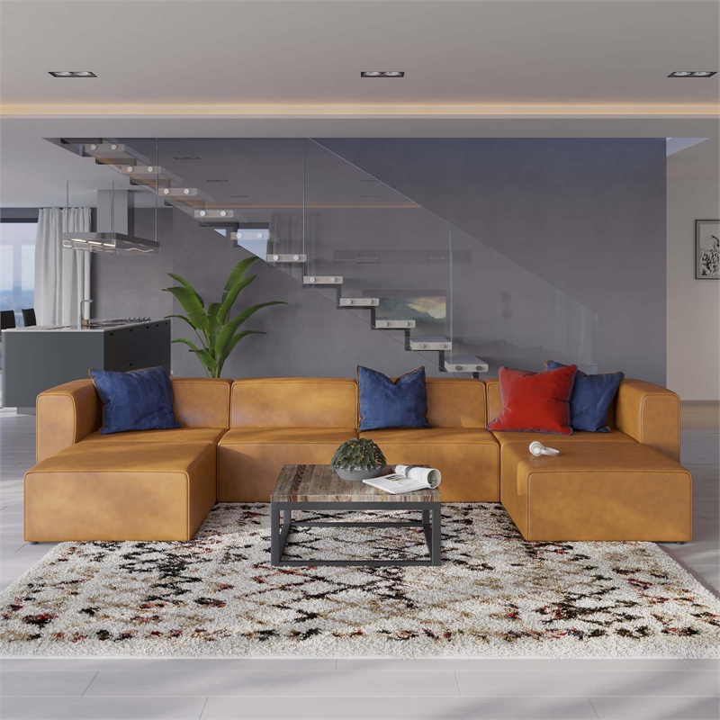Maklaine Modern Faux Leather Sofa Set with 2 Ottomans in Tan