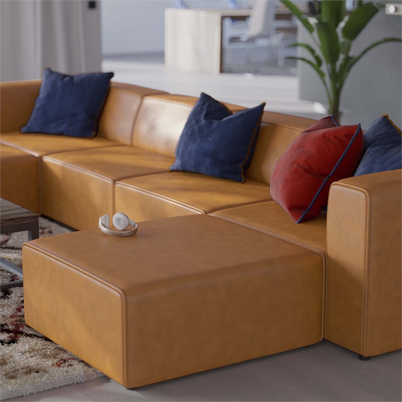 Maklaine Modern Faux Leather Sofa Set with 2 Ottomans in Tan