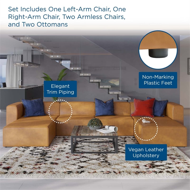 Maklaine Modern Faux Leather Sofa Set with 2 Ottomans in Tan