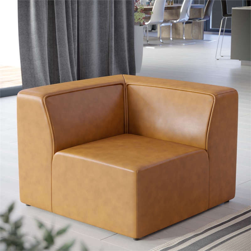 Maklaine Contemporary Faux Leather Corner Chair in Tan Finish