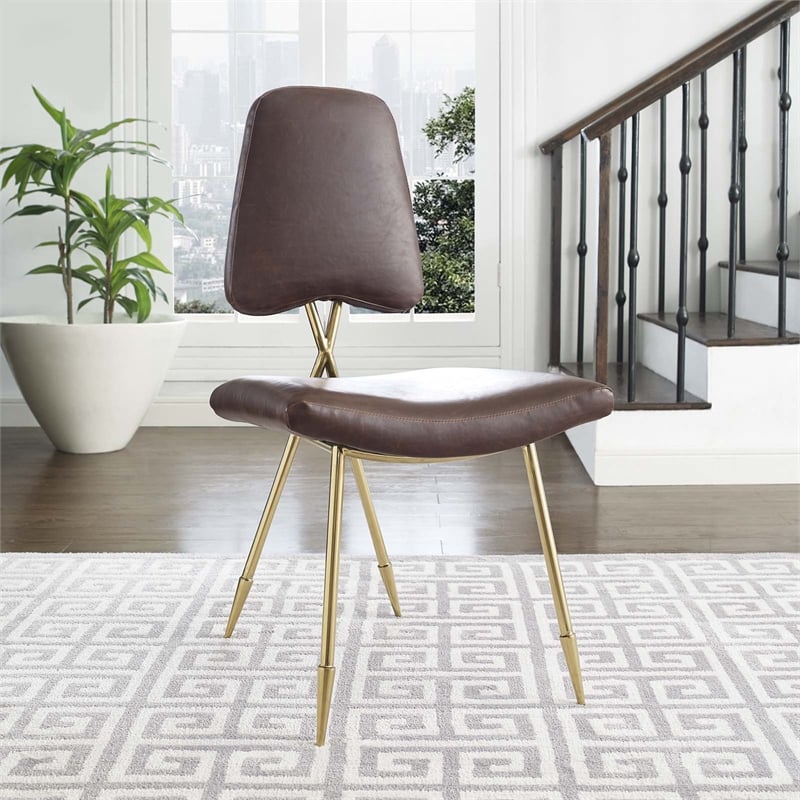 Maklaine Contemporary Antique Faux Leather Dining Side Chair in Brown