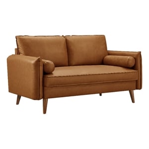 Maklaine Contemporary Vegan Leather Upholstered Loveseat in Tan