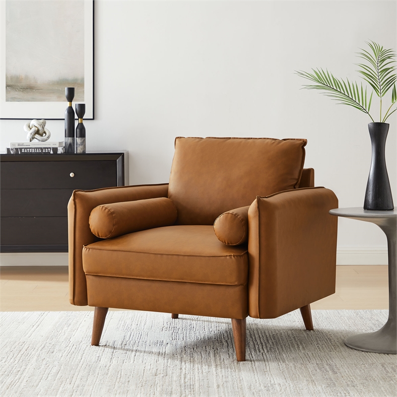 Maklaine Contemporary Vegan Leather Upholstered Accent Armchair in Tan