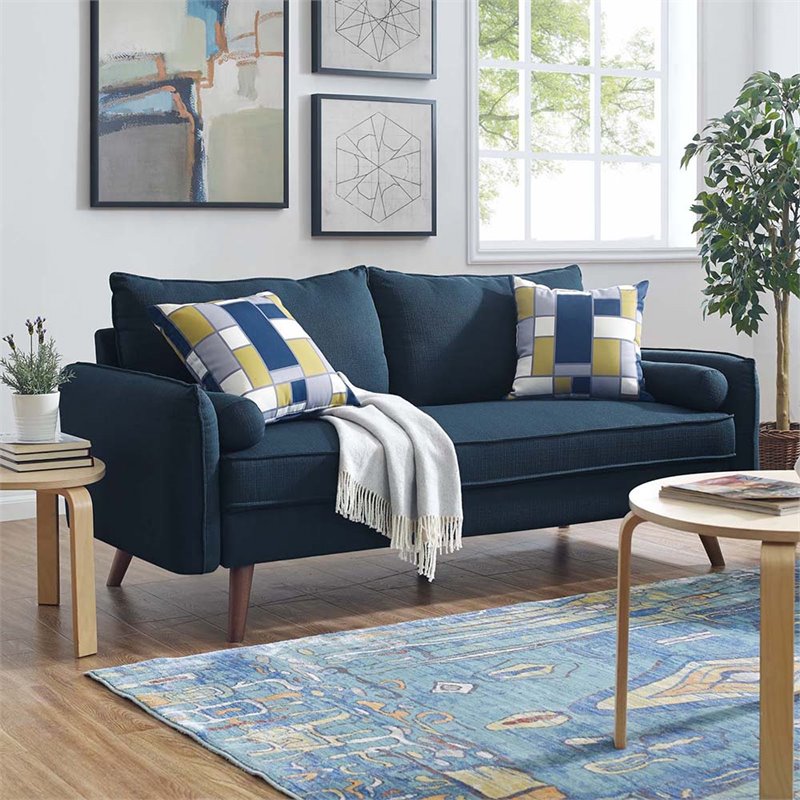 Maklaine Contemporary Fabric Upholstered Sofa in Azure & Walnut