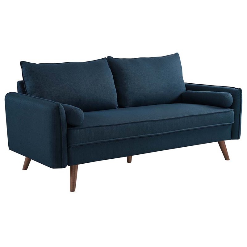 Maklaine Contemporary Fabric Upholstered Sofa in Azure & Walnut