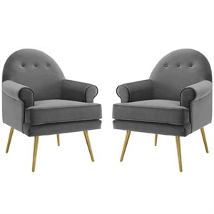 Maklaine Performance Velvet Upholstered Arm Chair in Gray (Set of 2)