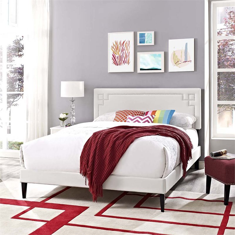 Maklaine Queen Vinyl Platform Bed with Squared Tapered Legs in White