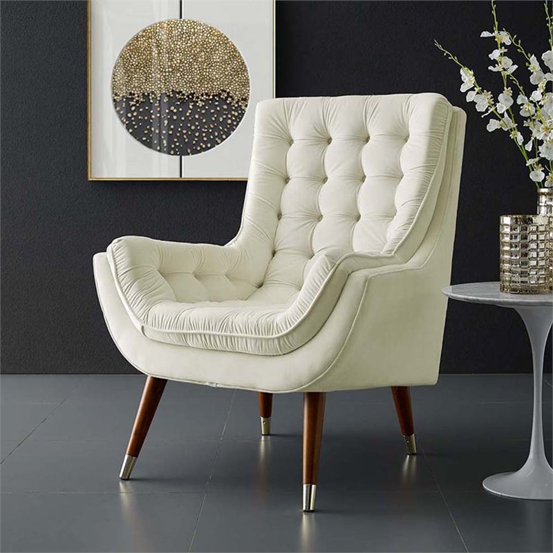 Maklaine Contemporary Tufted Performance Velvet Lounge Chair in Ivory