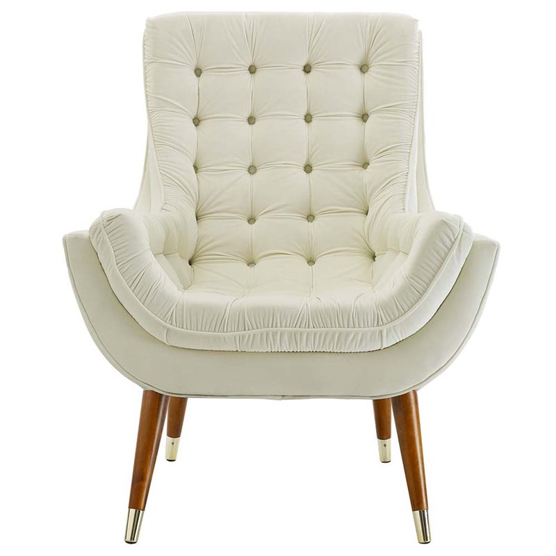 Maklaine Contemporary Tufted Performance Velvet Lounge Chair in Ivory