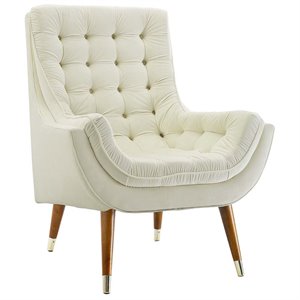 Maklaine Contemporary Tufted Performance Velvet Lounge Chair in Ivory