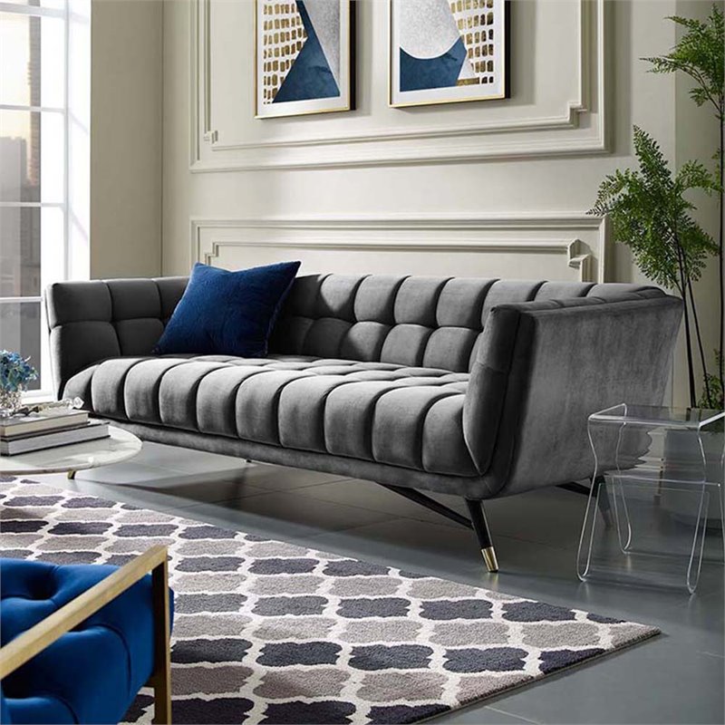 Maklaine Contemporary Performance Velvet Tufted Sofa in Gray and Black