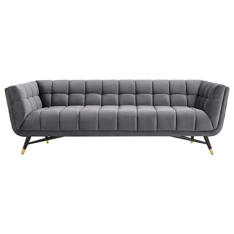 Maklaine Contemporary Performance Velvet Tufted Sofa in Gray and Black