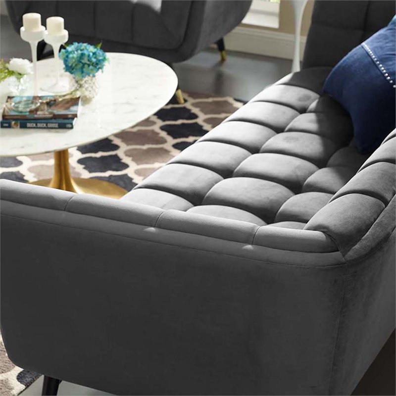 Maklaine Contemporary Performance Velvet Tufted Sofa in Gray and Black