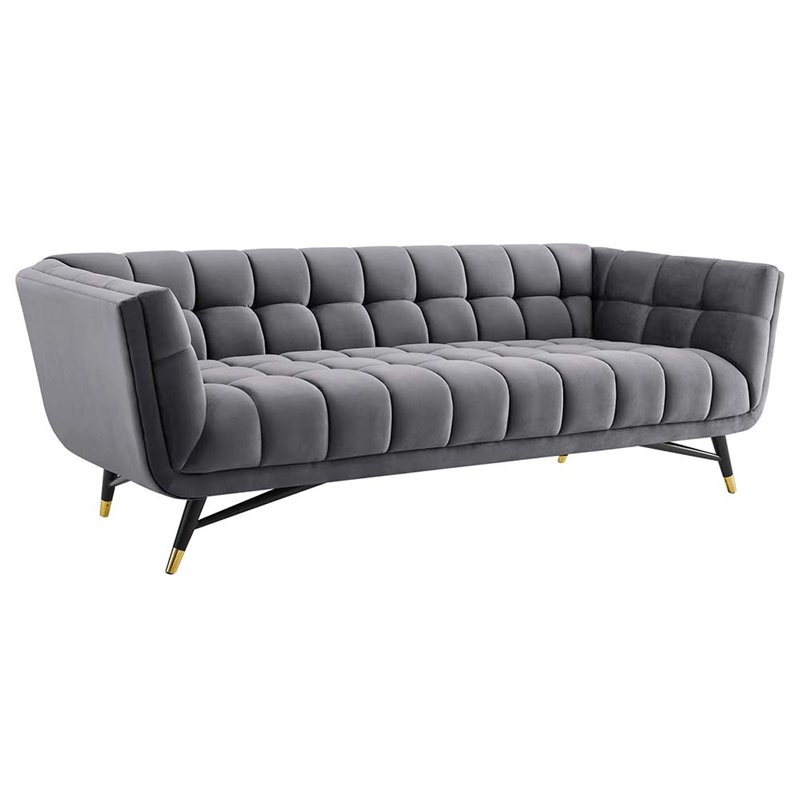Maklaine Contemporary Performance Velvet Tufted Sofa in Gray and Black