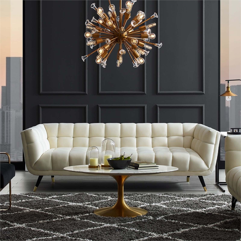 Maklaine Contemporary Performance Velvet Tufted Sofa in Ivory and Black