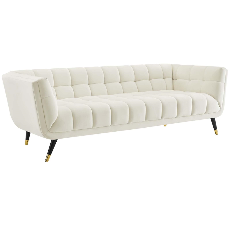 Maklaine Contemporary Performance Velvet Tufted Sofa in Ivory and Black