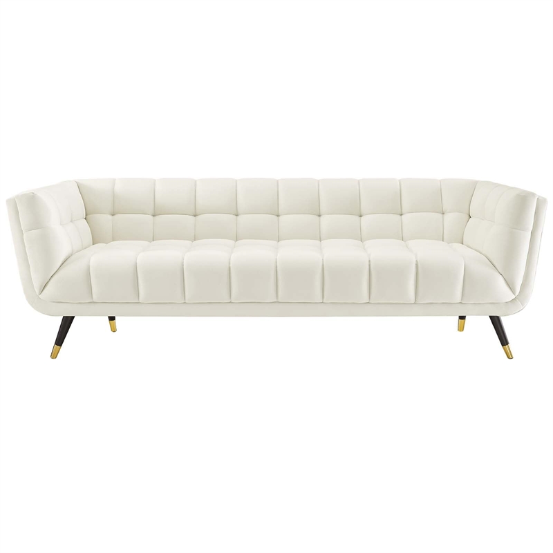 Maklaine Contemporary Performance Velvet Tufted Sofa in Ivory and Black