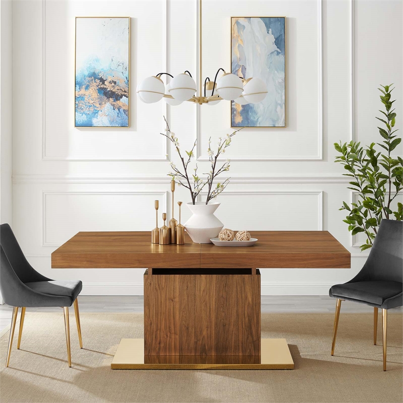 Maklaine Contemporary Expandable Wood Dining Table in Walnut/Gold