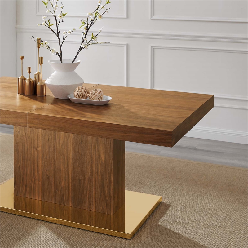 Maklaine Contemporary Expandable Wood Dining Table in Walnut/Gold