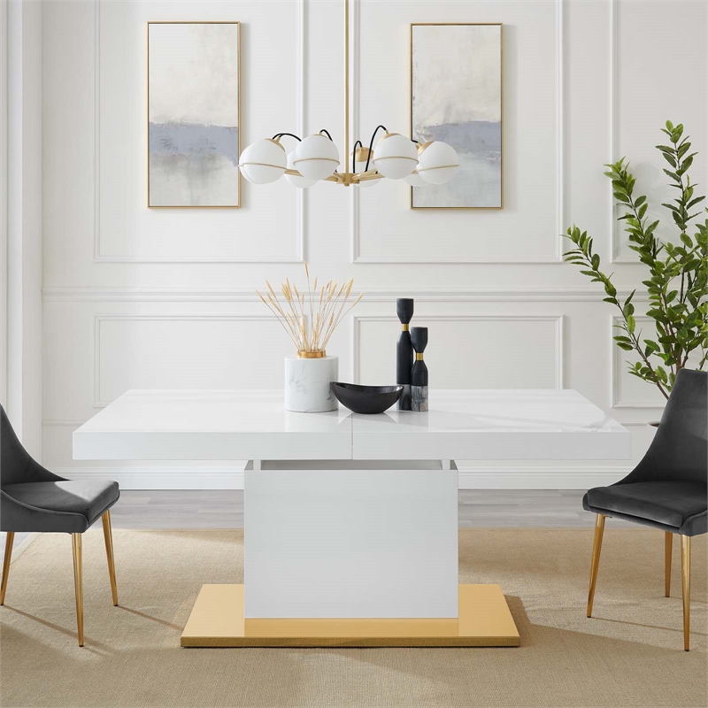 Maklaine Contemporary Expandable Wood Dining Table in White/Gold