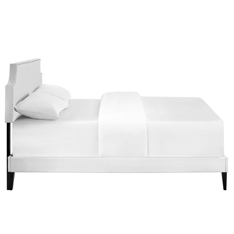 Maklaine Vinyl Full Platform Bed with Squared Tapered Legs in White
