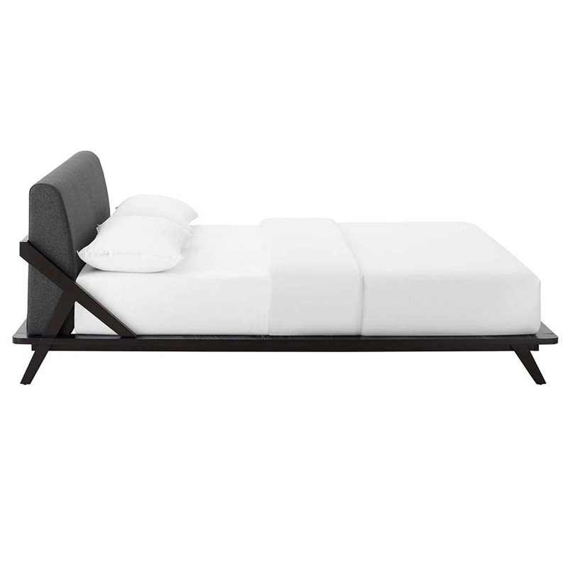 Maklaine Solid Wood/Fabric Queen Platform Bed in Walnut/Gray