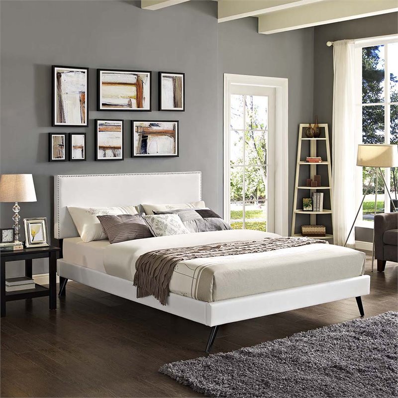 Maklaine King Vinyl Platform Bed with Round Splayed Legs in White
