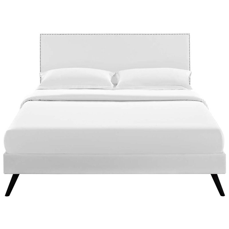 Maklaine King Vinyl Platform Bed with Round Splayed Legs in White