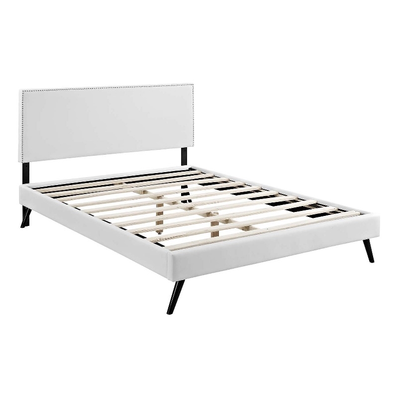Maklaine King Vinyl Platform Bed with Round Splayed Legs in White