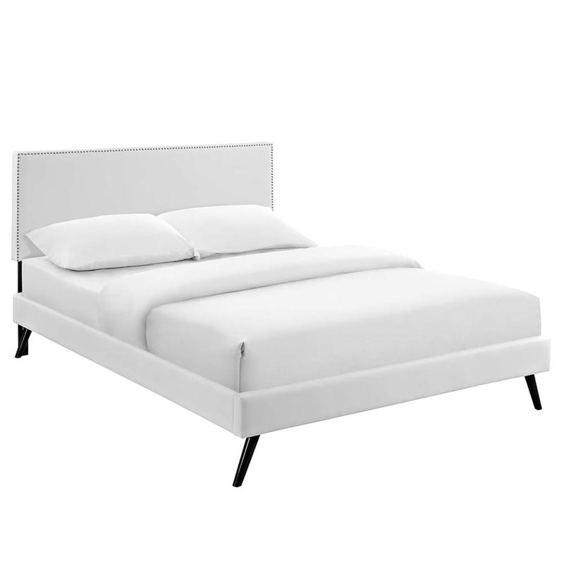 Maklaine King Vinyl Platform Bed with Round Splayed Legs in White