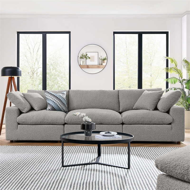 Maklaine Down Filled Overstuffed Boucle Fabric 3-Seater Sofa in Light Gray