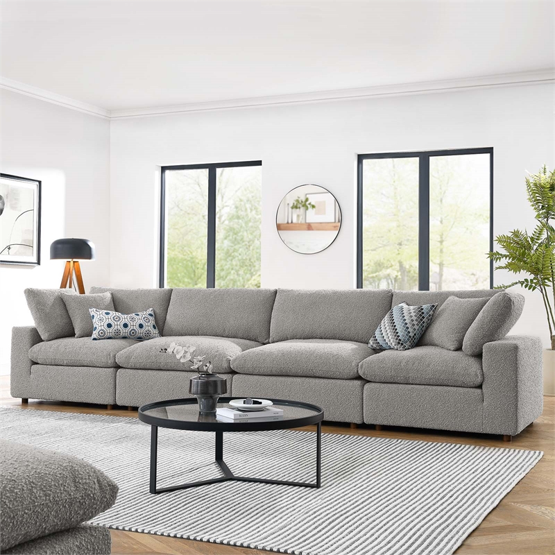 Maklaine 4-Seater Upholstered Boucle Fabric Sectional Sofa in Light Gray
