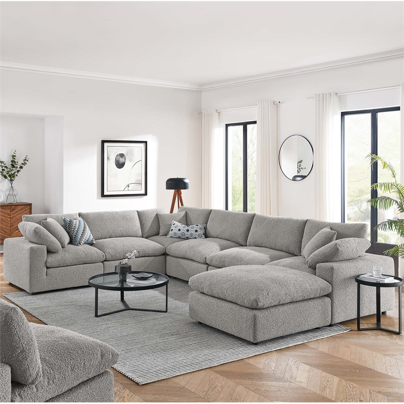 Maklaine 7-Piece Upholstered Boucle Fabric Sectional Sofa in Light Gray
