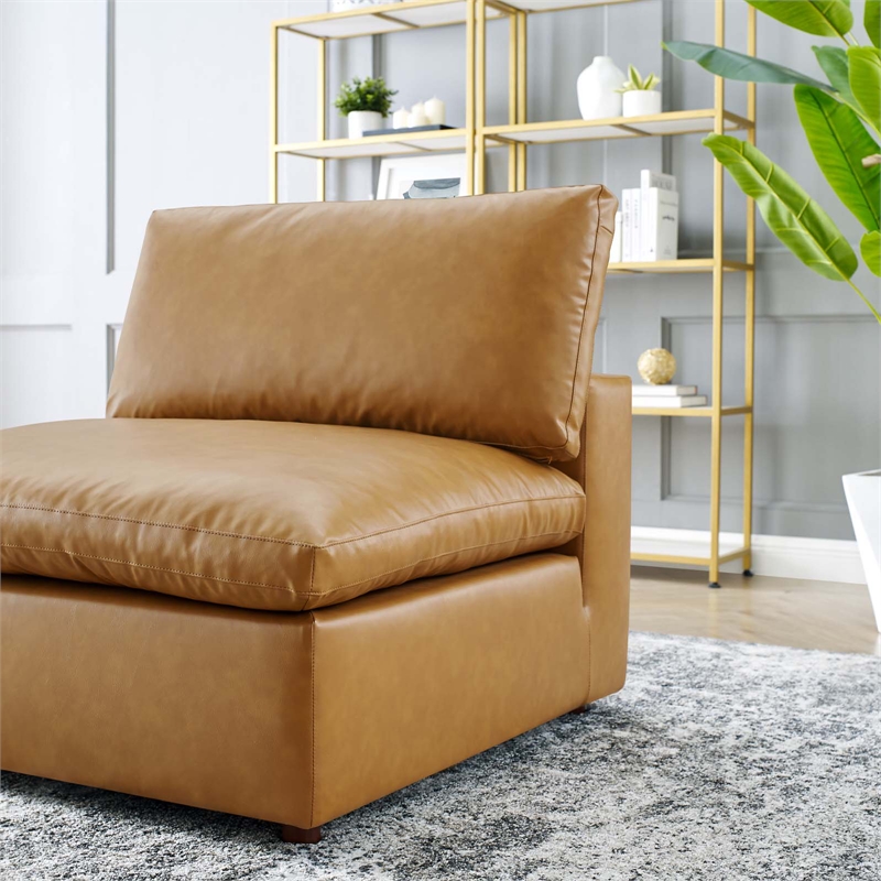 Maklaine Down Filled Overstuffed Faux Leather Armless Chair in Tan