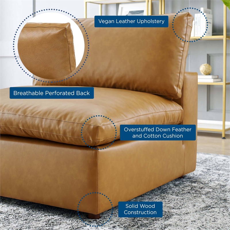 Maklaine Down Filled Overstuffed Faux Leather Armless Chair in Tan