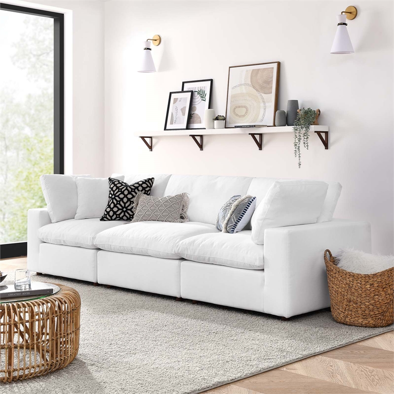 Maklaine 3-Piece Fabric Down Filled Sectional Sofa in Pure White