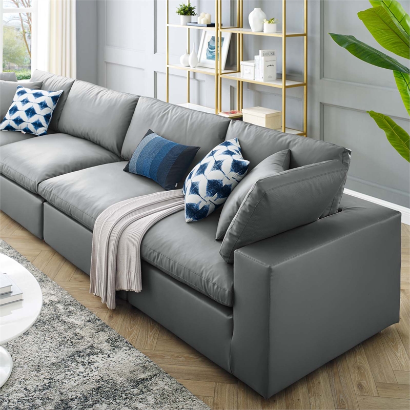 Maklaine 4-Seater Down Filled Overstuffed Faux Leather Sofa in Gray