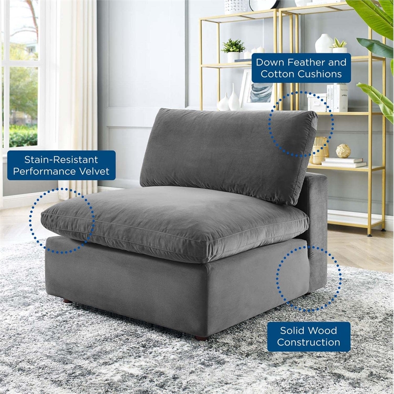 Maklaine Down Filled Overstuffed Performance Velvet Armless Chair in Gray