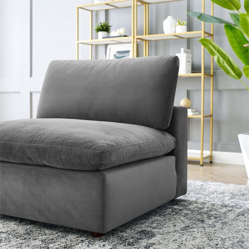Maklaine Down Filled Overstuffed Performance Velvet Armless Chair in Gray