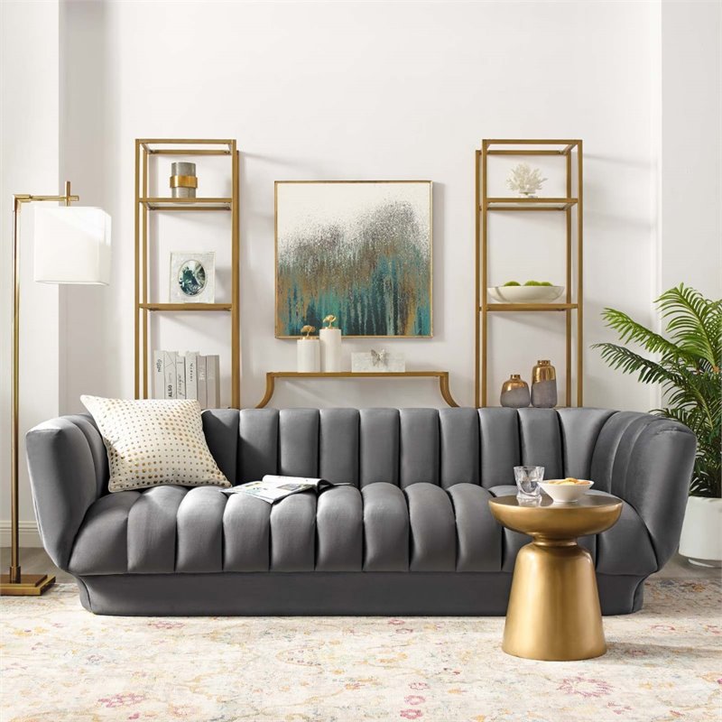 Maklaine Vertical Channel Tufted Performance Velvet Sofa in Gray