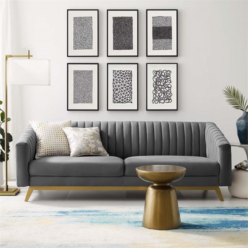 Maklaine Vertical Channel Tufted Performance Velvet Sofa in Gray
