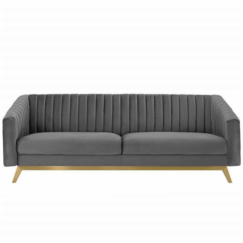 Maklaine Vertical Channel Tufted Performance Velvet Sofa in Gray